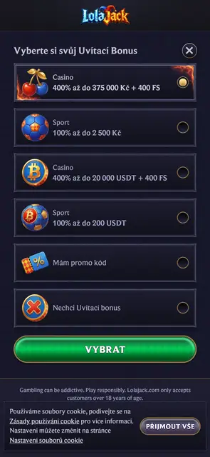 Lolajack: výběr uvítacího bonusu v češtině
