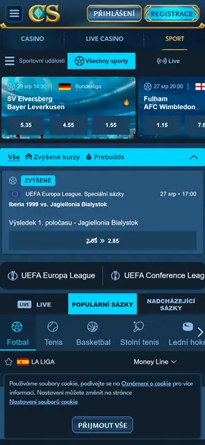 Sportovní sázení pod stejným účtem na webu Casea