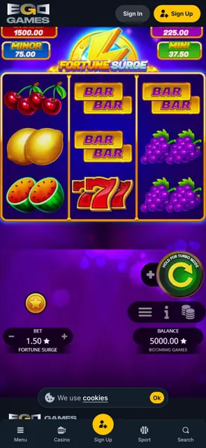 Automat Fortune Surge v demo režimu na webu EgoGames